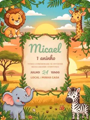 Convite de Aniversário Safari Baby Animais Modelo Editável