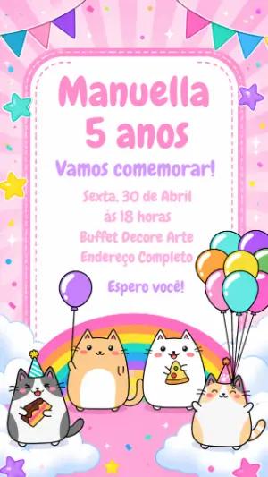 Convite Digital Aniversário Infantil Gatinhos Kawaii para Editar