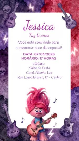 Convite de Aniversário Trolls Rock para Editar Online