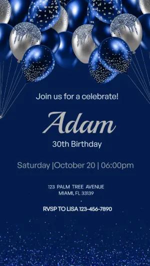 Elegant Blue and Silver Birthday Invitation | Editable Template