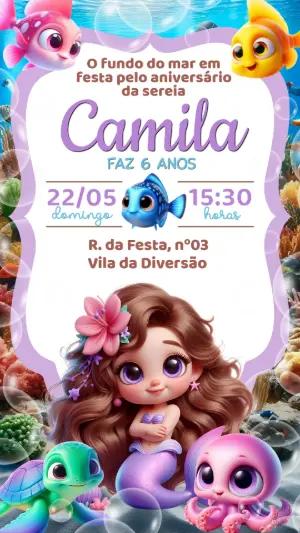 Convite de Aniversário Sereia Fundo do Mar Editável