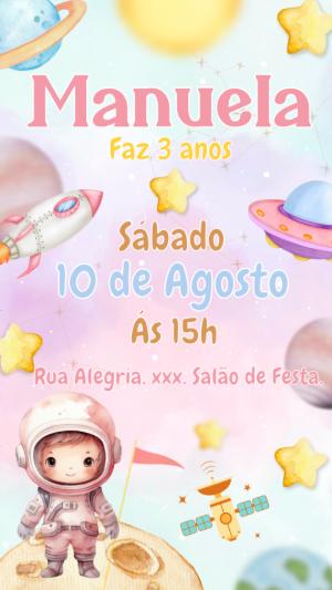 Convite de Aniversário Astronauta Menina para Editar Online