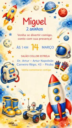 Convite de Aniversário Astronauta Aquarela Infantil Editável