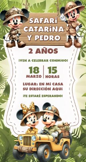 Invitación de Cumpleaños de Mickey y Minnie Safari para Editar