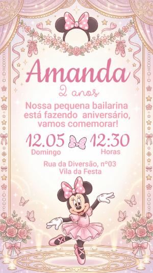 Convite Minnie Bailarina Rosa para Aniversário | Modelo Editável
