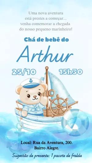 Convite Chá de Bebê Ursinho Marinheiro Aquarela para Editar