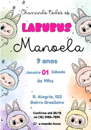 Convite de Aniversário Labubu com Personagens para Editar Online
