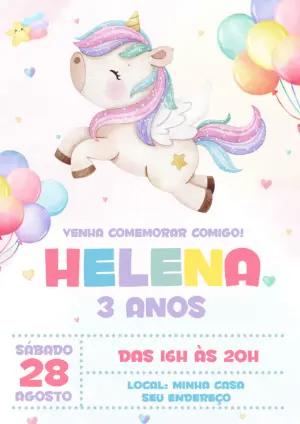 Convite de Aniversário Unicórnio Fofo para Editar Online