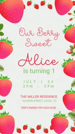 Animated Strawberry 1st Birthday Video Invite, Editable Template
