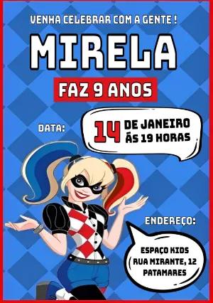 Convite Aniversário Arlequina Super Hero Girls para Editar