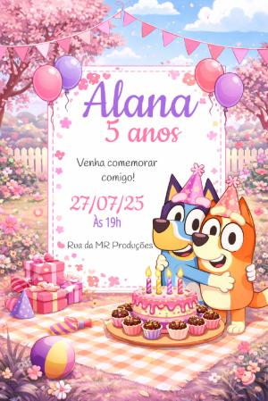 Convite de Aniversário Bluey e Bingo Rosa para Editar