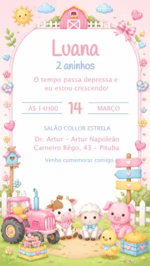 Convite Fazendinha Rosa Candy Editável para Aniversário