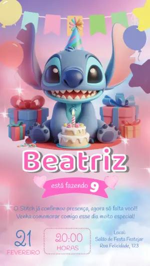 Convite de Aniversário Stitch 3D Fofo e Colorido para Editar