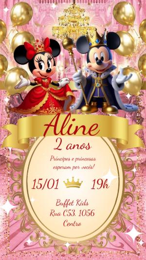 Convite Aniversário Mickey e Minnie Realeza Rosa Dourado Editável