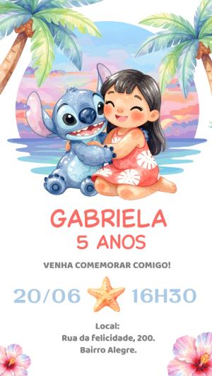 Convite de Aniversário Lilo & Stitch Aquarela para Editar