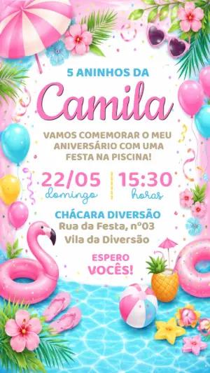 Convite de Aniversário Festa na Piscina Flamingo Editável