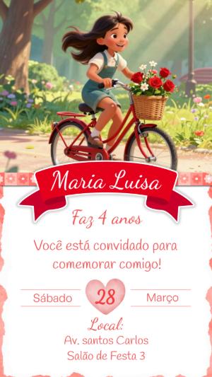 Convite de Aniversário Infantil Menina na Bicicleta para Editar