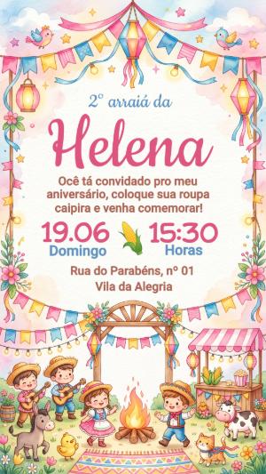 Convite Festa Junina Infantil Aquarela Editável