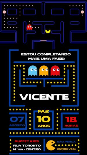 Convite Animado Aniversário Pac-Man Retrô para Editar