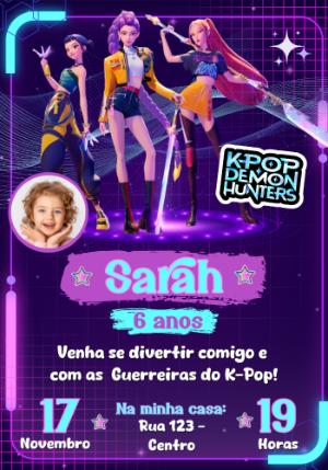 Convite Aniversário Guerreiras K-Pop com Foto para Editar Online