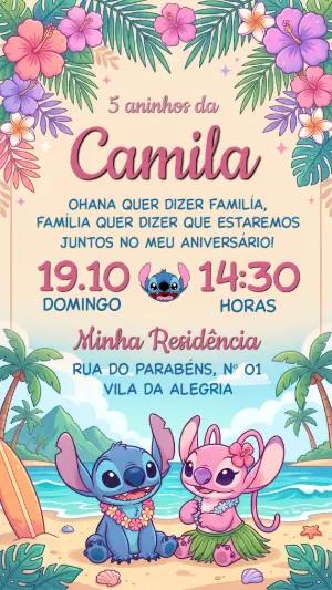 Convite de Aniversário Stitch e Angel Tropical Editável