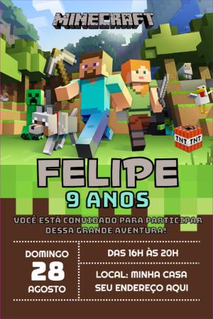 Convite Aniversário Minecraft com Personagens para Editar