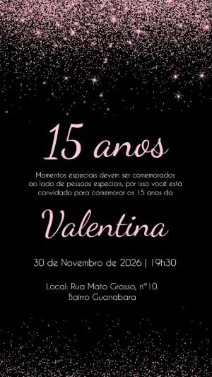 Convite 15 Anos Glitter Rosê e Preto Editável