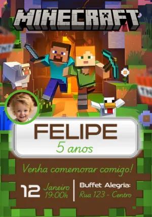 Convite Digital Infantil Tema Minecraft para Editar Online