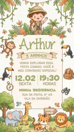 Convite de Aniversário Infantil Safari Aquarela Editável