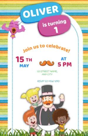 Colorful Cartoon 1st Birthday Invitation Editable Template
