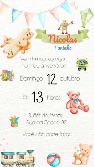 Convite de Aniversário Brinquedos Aquarela para Editar Online