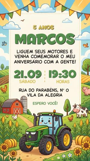 Convite de Aniversário Infantil Trator Fazendinha Editável