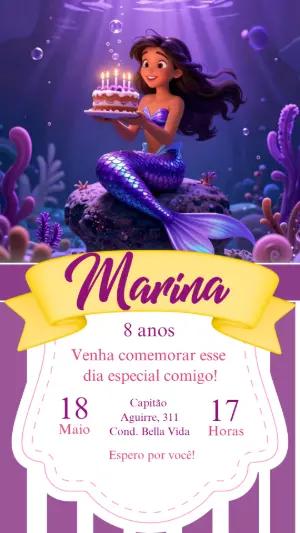 Convite de Aniversário Sereia Fundo do Mar Roxo Editável