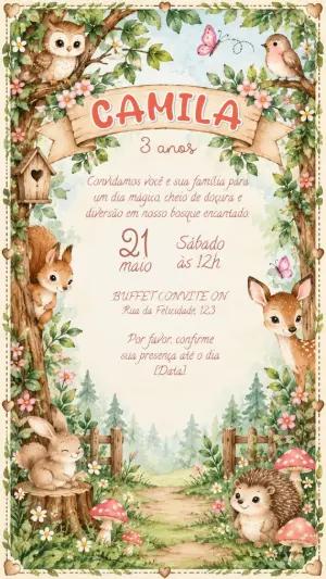Convite Bosque Encantado com Animais em Aquarela para Editar