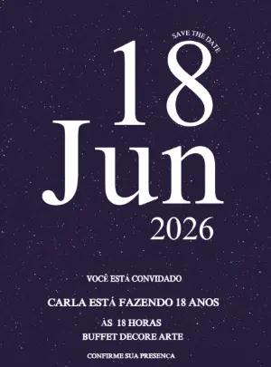 Convite de Aniversário 18 Anos Céu Estrelado Roxo Editável