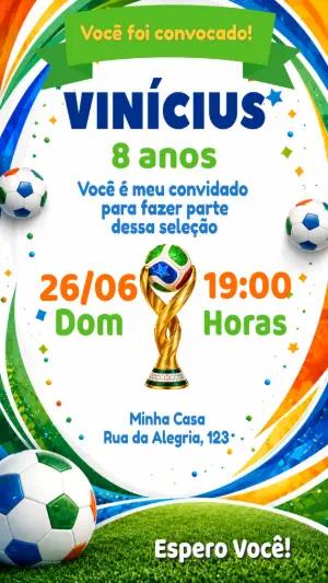 Convite de Aniversário Futebol Estilo Copa do Mundo Editável