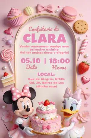 Convite de Aniversário Minnie Confeitaria Rosa para Editar