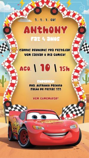 Convite de Aniversário Carros Disney Editável para Festa Infantil
