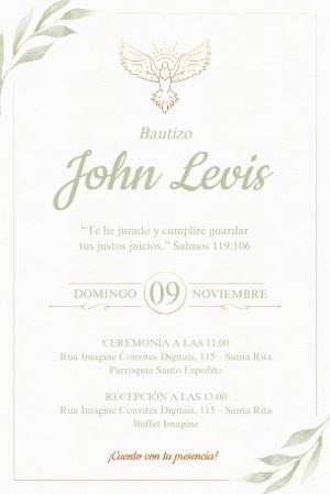 Invitación de Bautizo Elegante con Hojas Verdes Modelo Editable