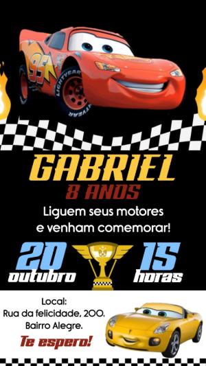 Convite Animado Aniversário Carros para Editar Online