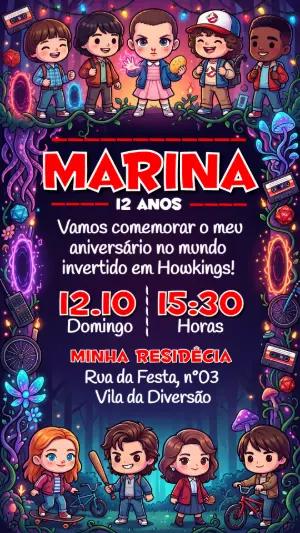 Convite Stranger Things Chibi para Aniversário Editável