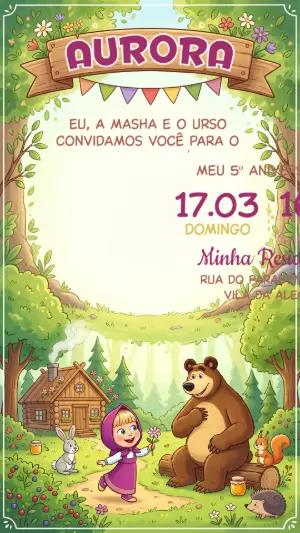 Convite de Aniversário Masha e o Urso Floresta Editável