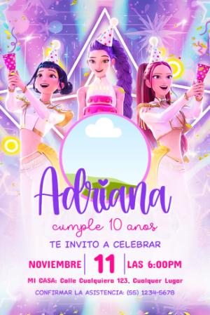 Invitación de Cumpleaños Las Guerreras K-Pop para Editar