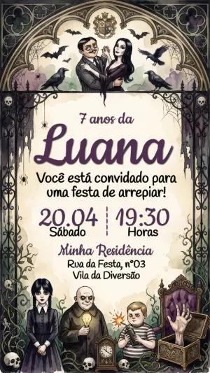 Convite de Aniversário Família Addams Gótico Editável