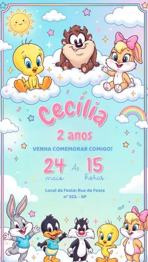 Convite de Aniversário Baby Looney Tunes Fofo Modelo Editável