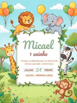 Convite de Aniversário Safari Baby Animais Editável