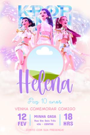 Convite de Aniversário K-Pop Guerreiras com Foto para Editar