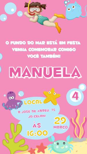Convite de Aniversário Fundo do Mar Menina Rosa para Editar