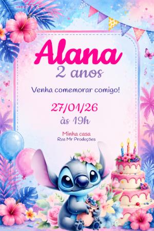 Convite de Aniversário Stitch Tropical Aquarela para Editar