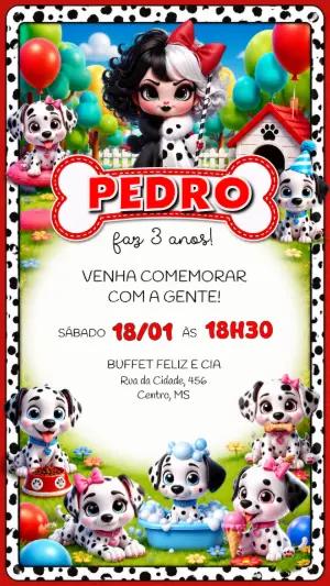 Convite de Aniversário 101 Dálmatas Fofo Modelo Editável
